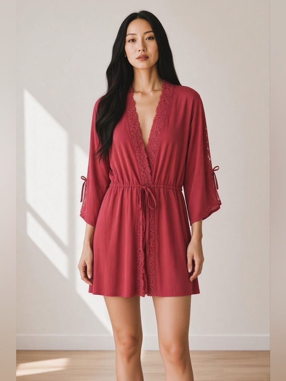 Lace-Trim Short Robe Drawstring Waist Kimono Sleeve In Rosewood Misses Size L